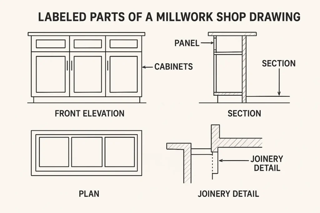 Labeled Parts of Millwork Shop Drawings